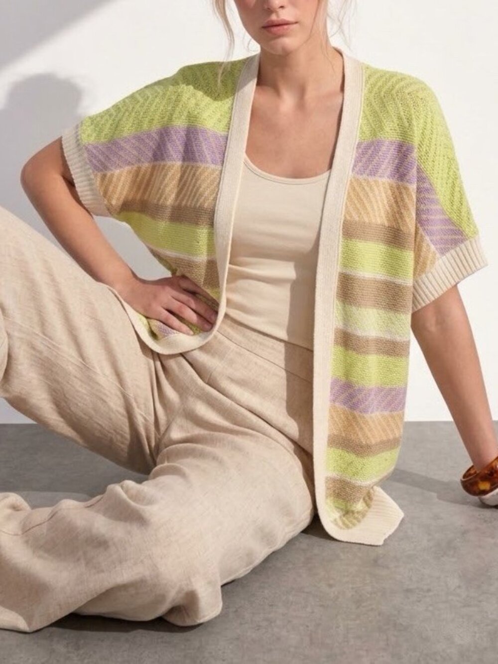 NEW Very J Open Front Cardigan Sweater SMALL Short Sleeve Striped Pastel Beige
